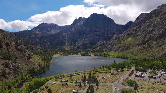 Silver Lake California - Low Aerial Approach Towards Lake with Storm Clouds