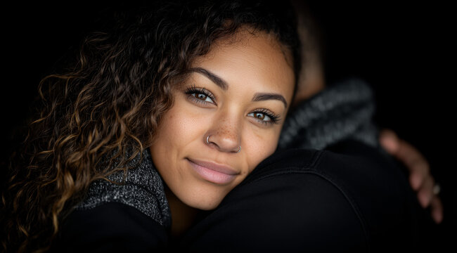 Serene young woman with curly hair in a loving embrace looking at the camera