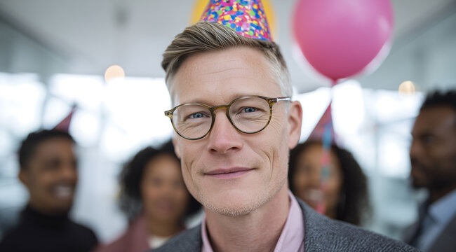 Portrait of a smiling mature businessman in a party hat at an office celebration