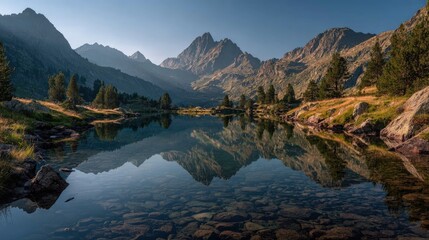 Mountain landscape reflected in crystal clear alpine lake symmetrical composition morning mist highly detailed perfect for nature