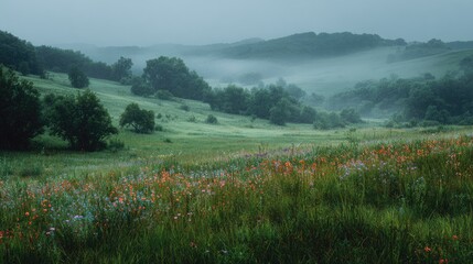 Lush green Field Landscape with wildflowers distant forest misty morning soft light vibrant colors peaceful natural beauty