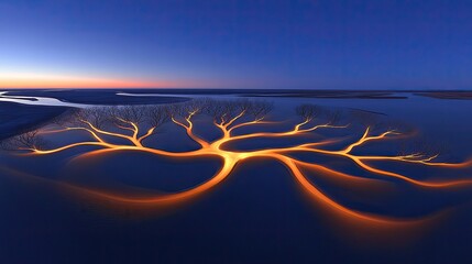 Illuminated Tree Branches Across Sand Dunes at Dusk