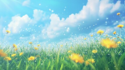 Dandelions bloom in a vibrant green field under a bright blue sky