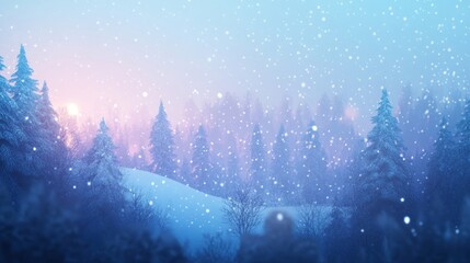 Snowfall in a Winter Forest at Sunset