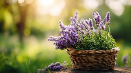 Fototapeta premium Beautiful lavender bouquet in a woven basket set against a soft natural background