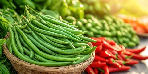 Green beans in a basket with red peppers in the background