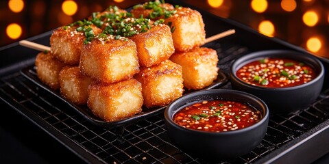Crispy Fried Tofu Cubes Served with Spicy Sauce