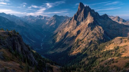 High-altitude mountain landscape jagged peaks deep blue sky wispy clouds vast untouched wilderness adventure vibe