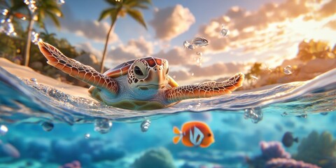 Sea Turtle Swimming in Tropical Ocean Paradise