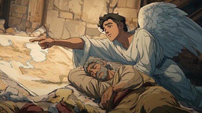 An urgent, dream-like biblical scene: a glowing angel with a serious expression points toward a map of Egypt, warning the sleeping Joseph of Herod&rsquo;s danger &mdash; divine light, cinematic tension.
