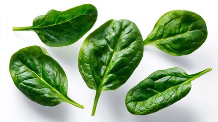 Fototapeta premium Bunch of green spinach leaves are shown in various positions. Concept of freshness and health, as spinach is known for its nutritional benefits