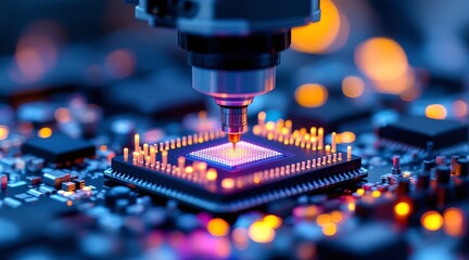 Closeup of a robotic arm precisely assembling a microchip on a circuit board with vibrant lighting, showcasing advanced technology and automation