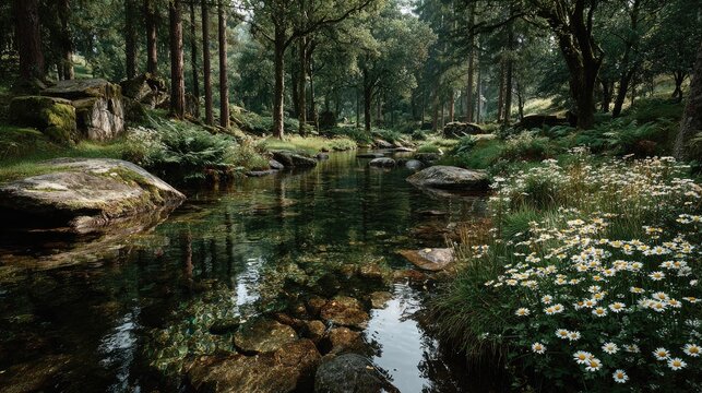 Lush green forest landscape with a crystal-clear stream sunlight sparkling on the water ferns and wildflowers in the foreground - Powered by Adobe