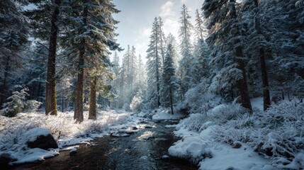 Pristine forest landscape in winter snow-covered trees icy stream crisp air soft sunlight filtering through perfect