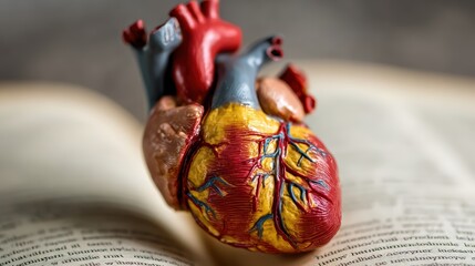 Colorful heart model on open book surrounded by soft light