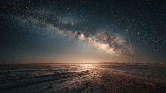 Vast desert stretching into infinity under a starry night sky in an epic landscape of solitude and mystery