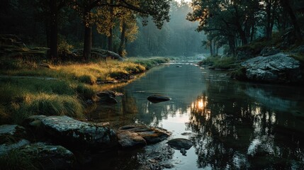 Serene river landscape at sunrise mist hovering over calm waters surrounded by lush green forests golden light reflection