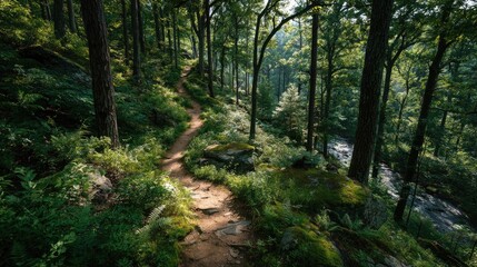 Obraz premium Forest landscape with winding hiking trail sunlight dappling the forest floor lush green canopy adventure vibe travel and nature