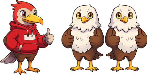 Cartoon bald eagle and red hoodie bird mascot illustration, school spirit eagle, sports team character, patriotic animal logo, confident cartoon artwork