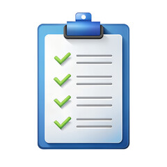 Blue clipboard with a white paper checklist and green checkmarks isolated on transparent background