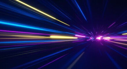 Modern abstract high speed lines. Dynamic motion light trails on dark blue background. Futuristic digital technology movement concept. Pattern for banner