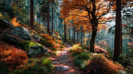 Obraz premium Enchanted forest landscape with vibrant autumn colors a winding path leading into dense sunlit woods