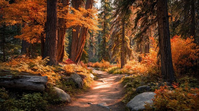 Enchanted forest landscape with vibrant autumn colors a winding path leading into dense sunlit woods