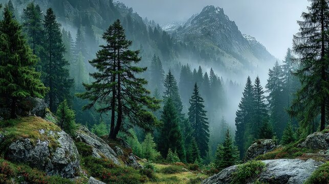 Foggy forest landscape in the early morning mysterious mood diffused light through trees cinematic atmosphere