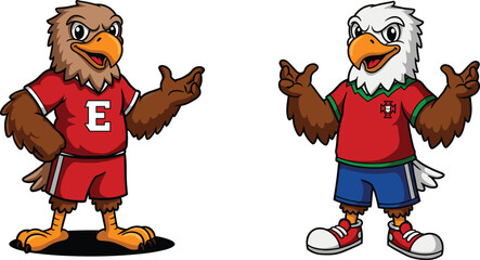 Cartoon eagle mascots in sports uniforms, athletic bird characters, school team illustration, friendly rivalry, pointing gesture, animated design, competitive sports birds