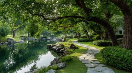 Serene Park Landscape Lush green trees tranquil lake stone pathway winding through foliage