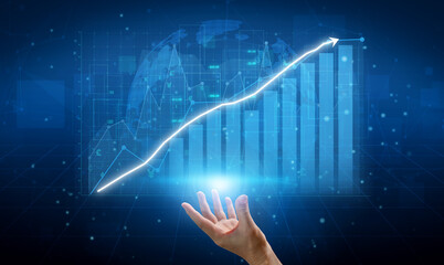 A hand reaches out towards an ascending graph representing financial growth in a digital space,...