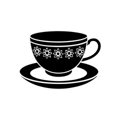 Floral teacup and saucer black silhouette on transparent background