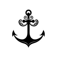 Detailed black anchor with curly design on transparent background silhouette