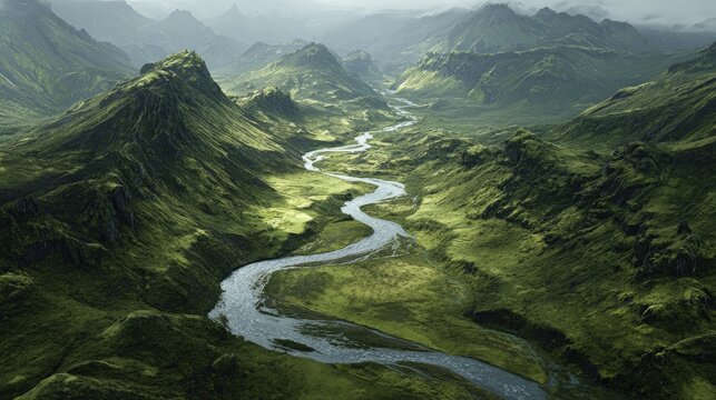 Serene mountain river landscape winding through green valleys - Powered by Adobe