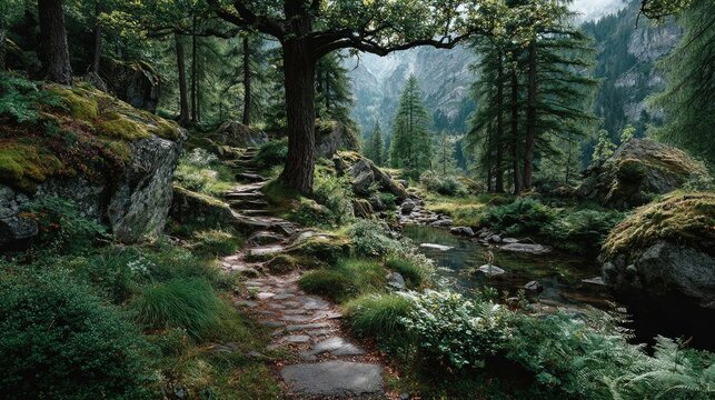 Lush green forest landscape along winding path leading into unknown depths perfect for adventure seekers