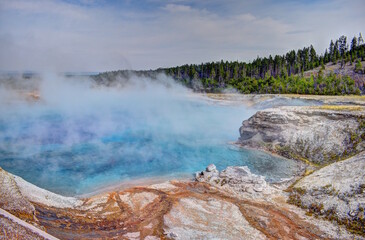 Grand Prismatic Hot Springs at Excelsior Geyser in Yellowstone National Park