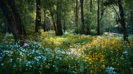 Spring forest landscape with blooming wildflowers vibrant greens fresh growth early morning light peaceful natural setting