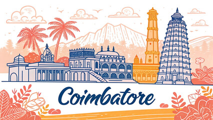 Coimbatore City Skyline with Famous Landmarks like Gass Forest Museum, Dhyanalinga, Perur Pateeswarar Temple, Marudamalai Temple – Unique Artistic Design for Tourism and Cultural Promotion