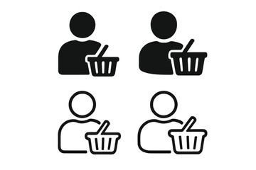 Customer icon set with shopping basket. Buyer symbol collection. Client and user pictogram for retail and e-commerce. Person silhouette and line art glyph for web and app.