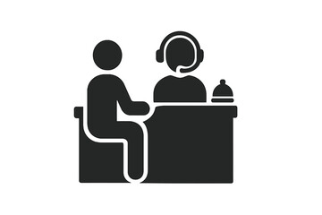 Customer service desk icon. Client talking to support agent at reception counter. Helpdesk operator with headset consulting a person. Information point symbol. Vector assistance.