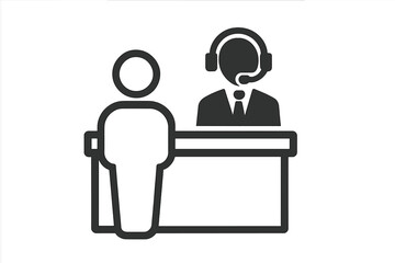 Customer service desk icon. Help desk, support counter, reception symbol. Vector for business consultation, information point, and client assistance. Agent with headset.