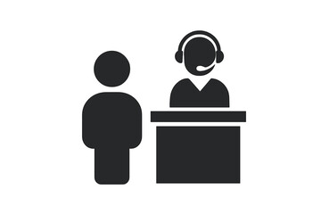 Customer service desk vector icon. Help desk, support, and reception symbol. Agent with headset at the counter serving a client. Information point assistance concept illustration.