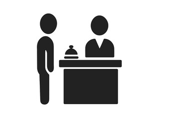Customer service desk vector icon. Hotel reception counter symbol. Information helpdesk with receptionist and client. Guest check-in pictogram silhouette. Concierge sign.