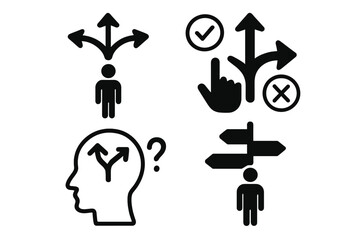 Decision making icon set. Person at crossroads choosing a path. Right and wrong way concept. Business strategy, solution, and problem. Uncertainty and confusion metaphor.