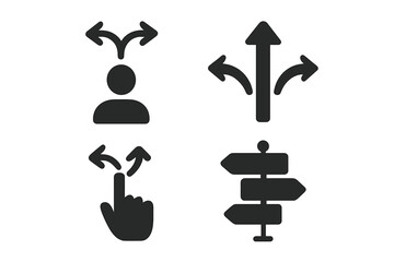 Decision making icon set. Choosing a path, direction, and strategy. Business choice, opportunity, and solution concept. Person at crossroads. Arrow and signpost icons.