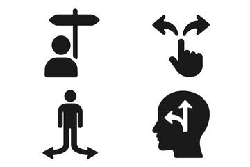 Decision making icon set. Person at crossroads, choosing a path. Business choice, career opportunity, options concept. Psychology of dilemma, strategy, and finding a solution. Vector.