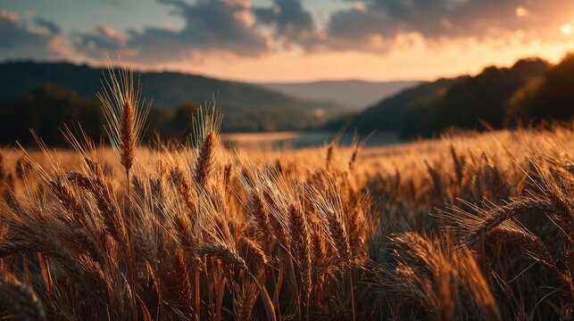 Golden wheat Field Landscape under vibrant sunset rolling hills soft clouds warm tones serene cinematic lighting expansive view