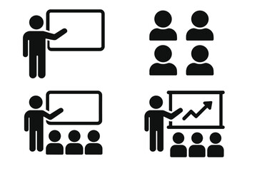 Classroom icon set. Teacher with students. Training, presentation and coaching concept. Lecture, business meeting, seminar vector symbols. Presenter with audience, growth chart.
