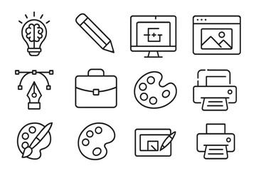 Graphic design and web design line icon set. Vector icons for creativity, drawing, art, digital illustration, portfolio, website, paint, and print. Thin line symbol collection.