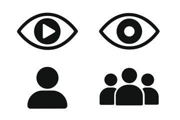 Metaphor for video views, spectator count, and user engagement. Icon set with eye and people symbols for social media analytics and audience metrics. Vector illustration.